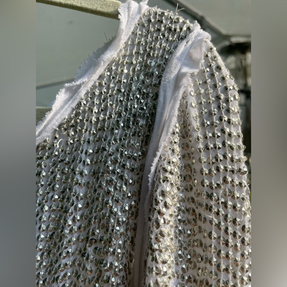 Rare Raw Edge Detail LS T Hand Sewn Antiq Slvr Tiny Sequin so SOFT w/stretch SzM - Picture 9 of 17